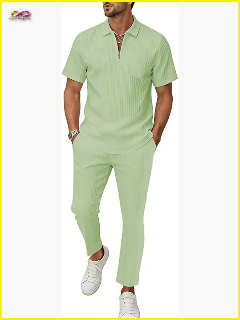 Mens 2 Piece Quarter Zip Short Sleeve Set Loose Pants Jogger Outfit Summer